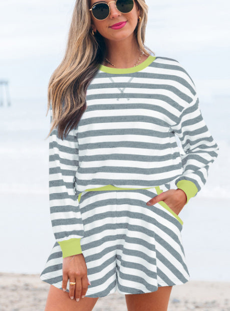 Black Stripe Contrast Ribbed Banding Long Sleeve Blouse Loose Shorts Set