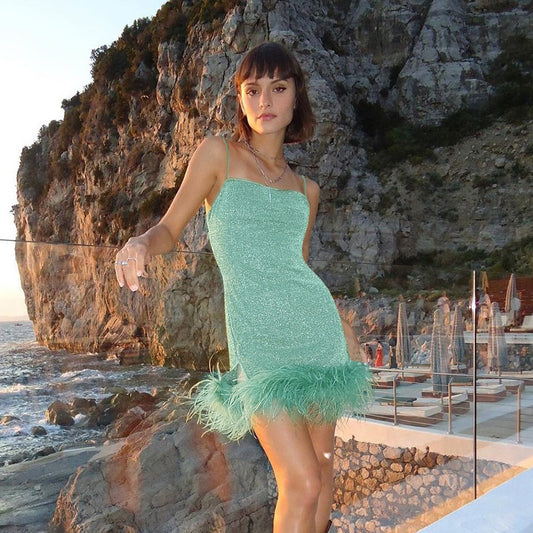 Elegant Slim-fit Shiny Fabric Furry Suspender Dress