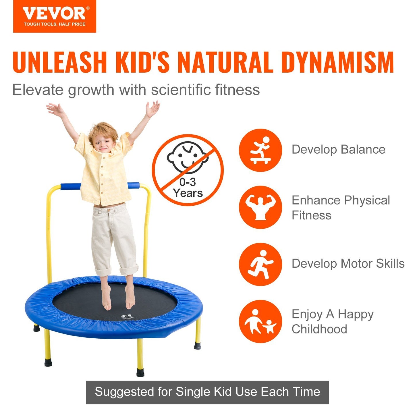 VEVOR 3FT Trampoline For Kids Indoor Outdoor Foldable Baby Toddlers Trampoline