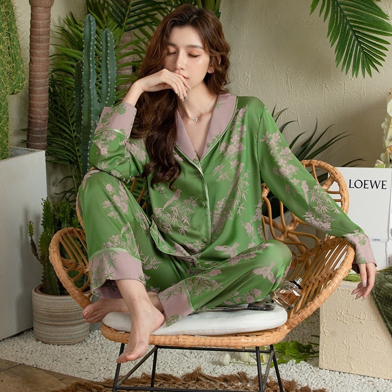 Ice Silk Pajamas Temperament Floral Long Sleeved Trousers Home Clothes Suit