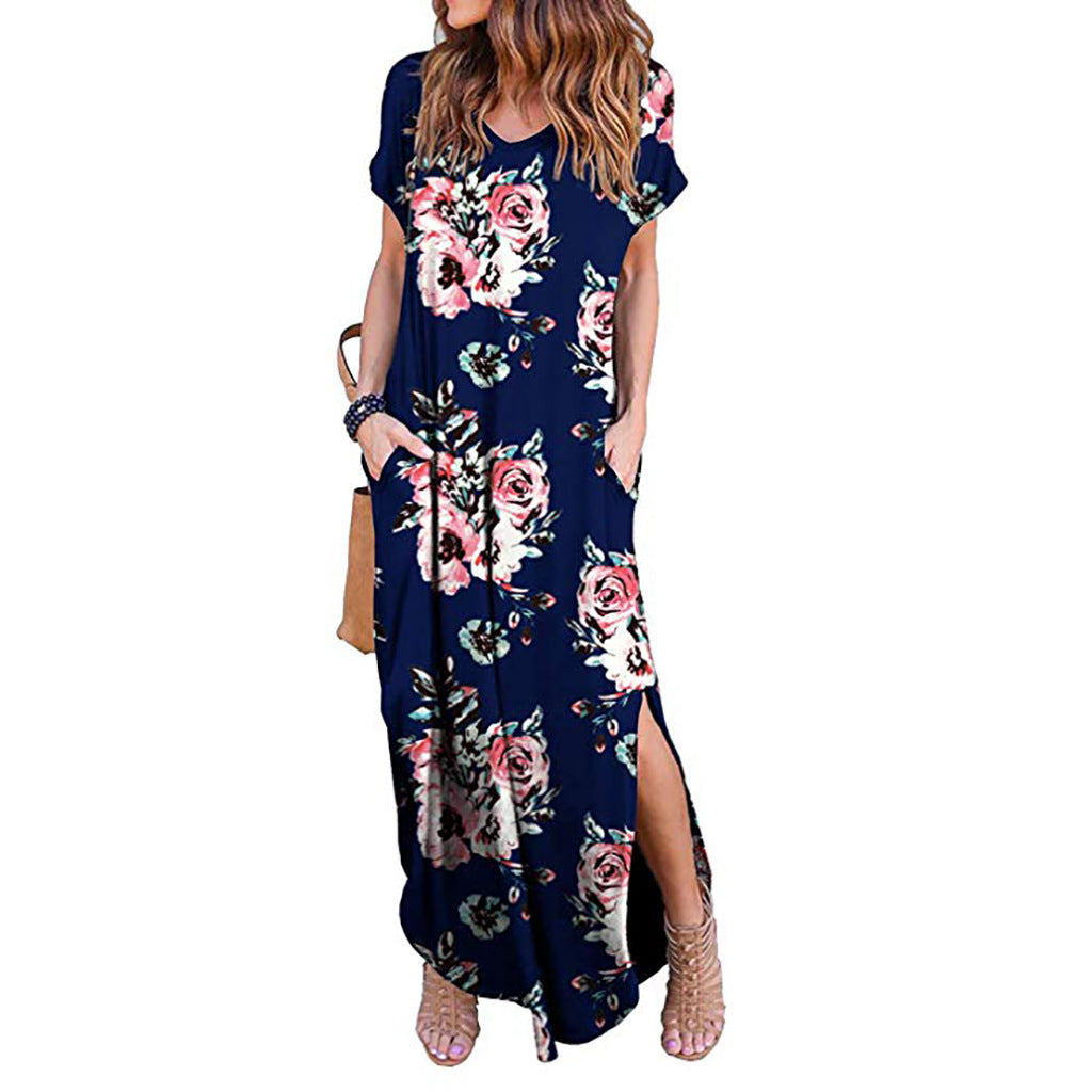 Spring Amazon Explosive Printed Ladies Hedging V-neck Knit Casual Long Dress