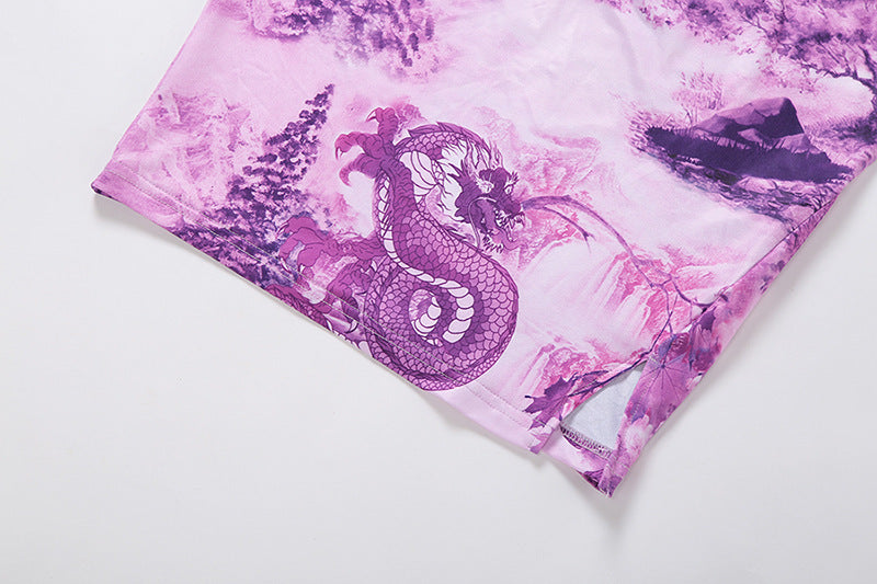 Hanging neck tube top sexy hollow print bag hip dress women