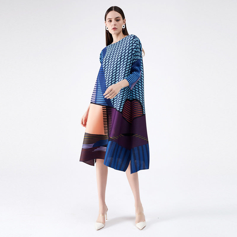 Pleated geometric digital print dress