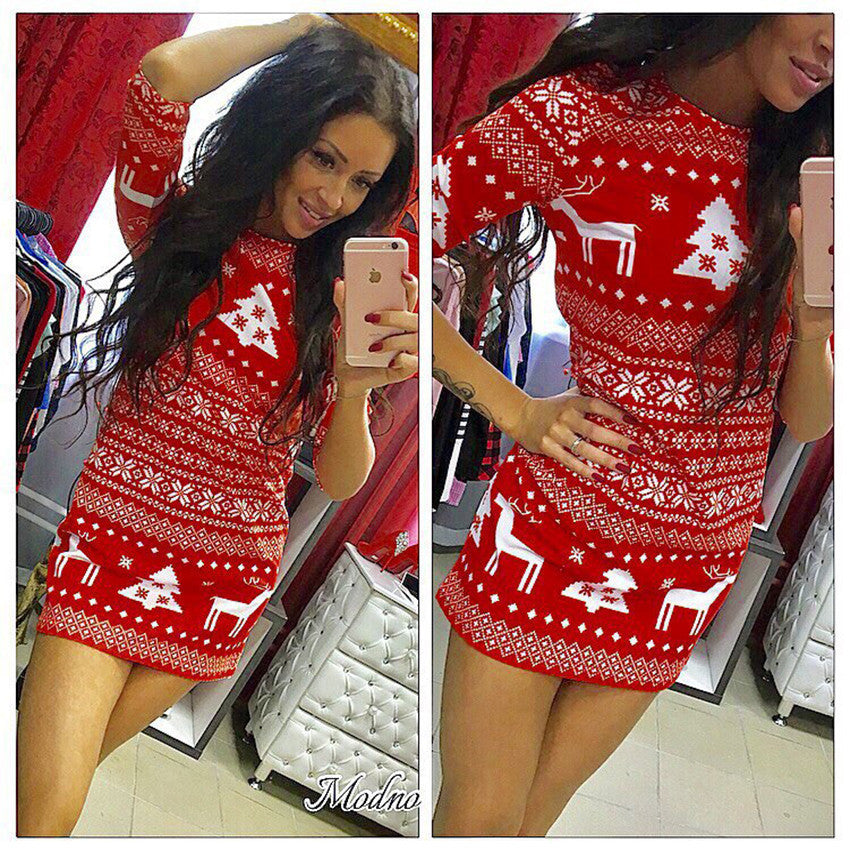 Slim-fit sleeved deer print dress
