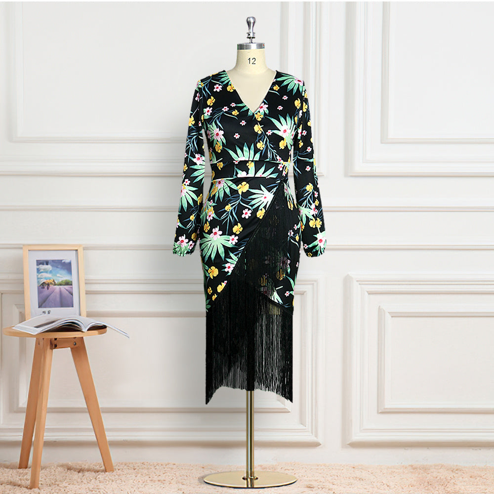 Puff sleeve printed fringed dress