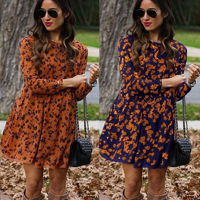 Loose casual wear round neck long sleeve printed dress
