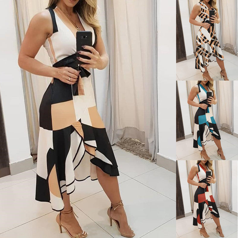 Sleeveless contrast print ladies dress