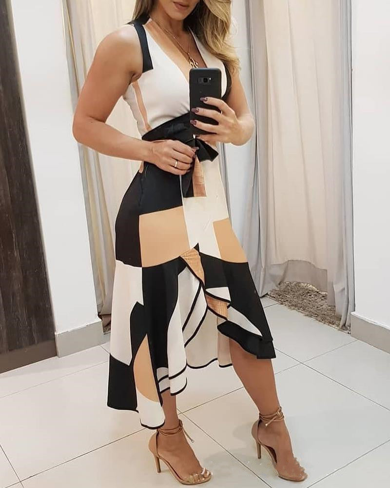 Sleeveless contrast print ladies dress