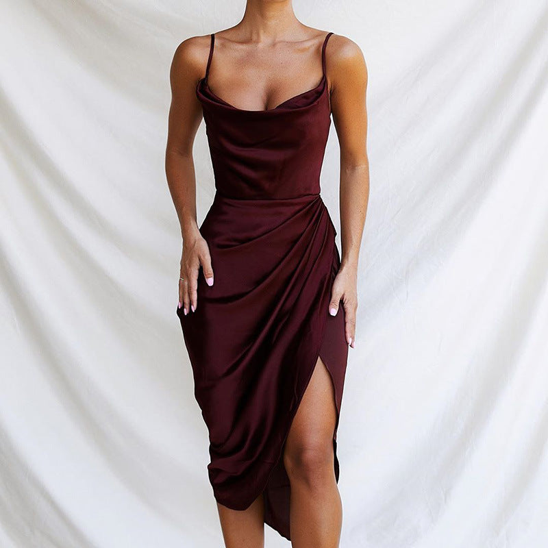 Fashion Sexy Slit Satin Dress European And American Slim Temperament