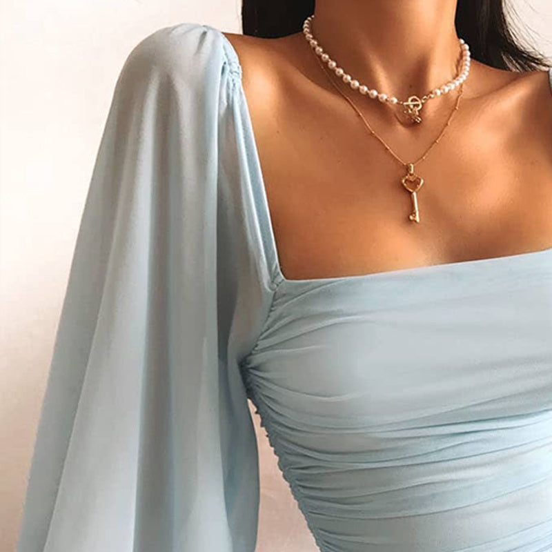 New Women's Blue Long-sleeved Dress With A Tan Collar