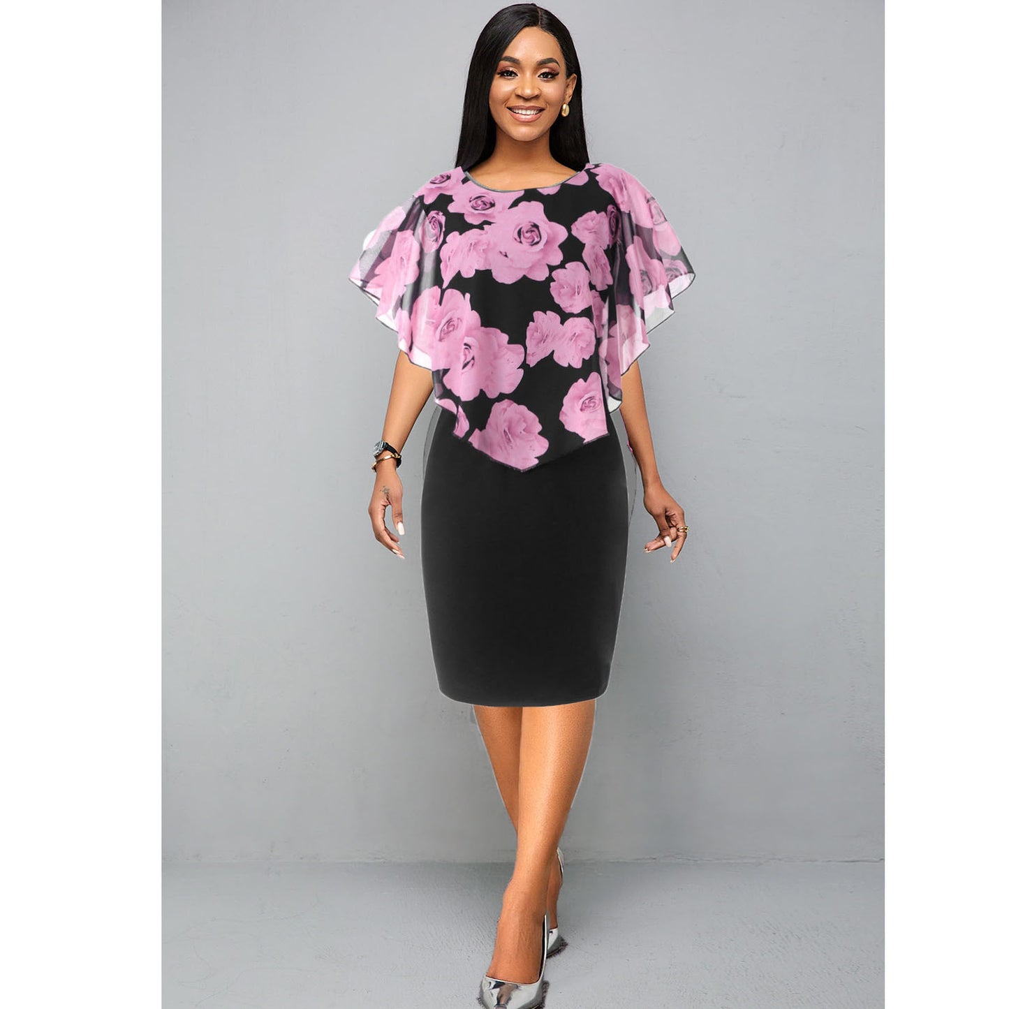 European And American Flower Print Chiffon Shawl Slim Sexy Commuter Professional Dress Women's Spot