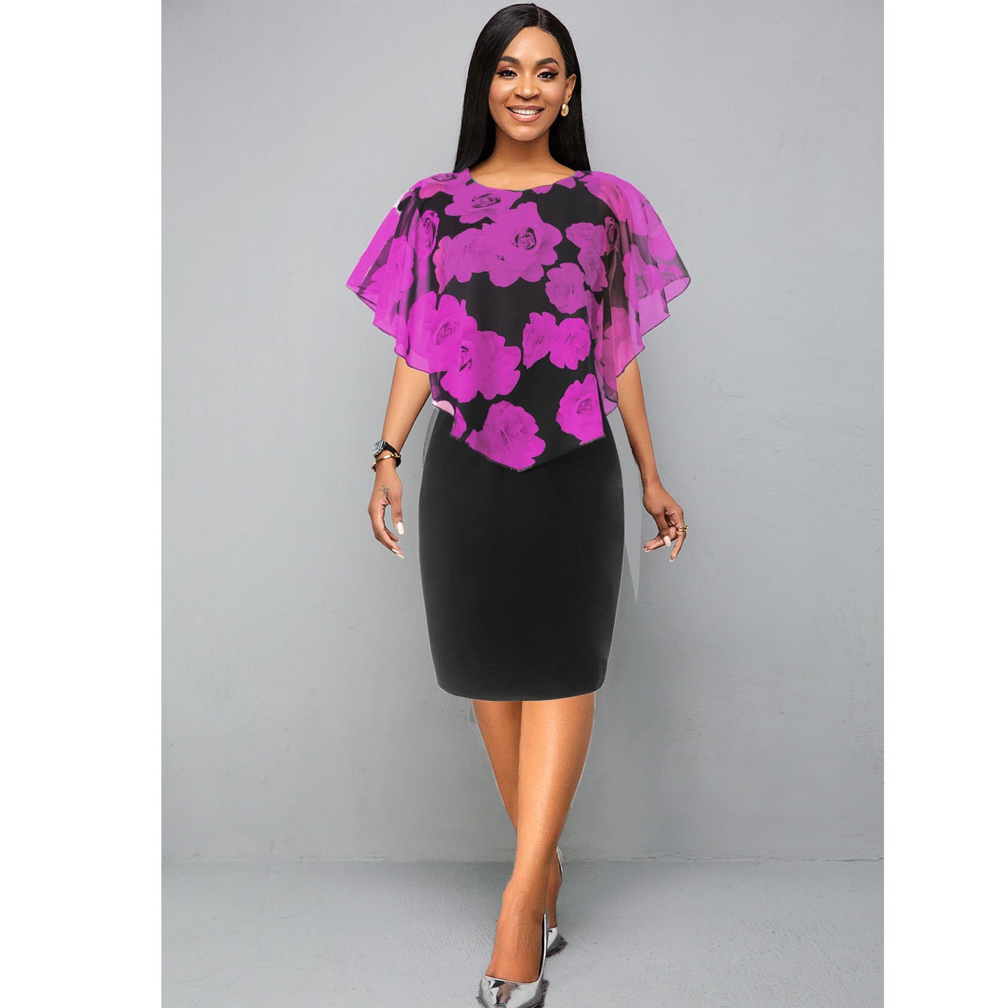European And American Flower Print Chiffon Shawl Slim Sexy Commuter Professional Dress Women's Spot