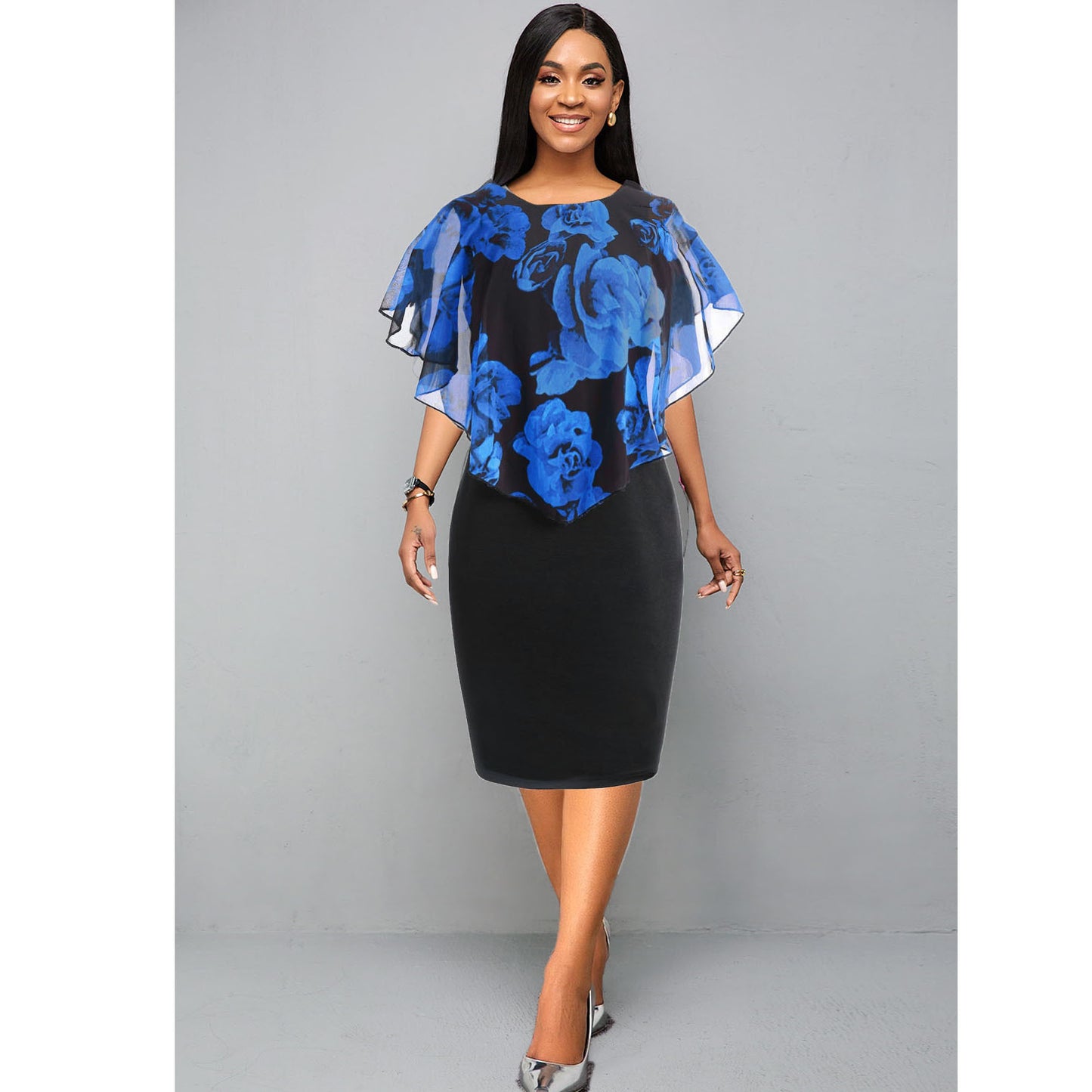 European And American Flower Print Chiffon Shawl Slim Sexy Commuter Professional Dress Women's Spot