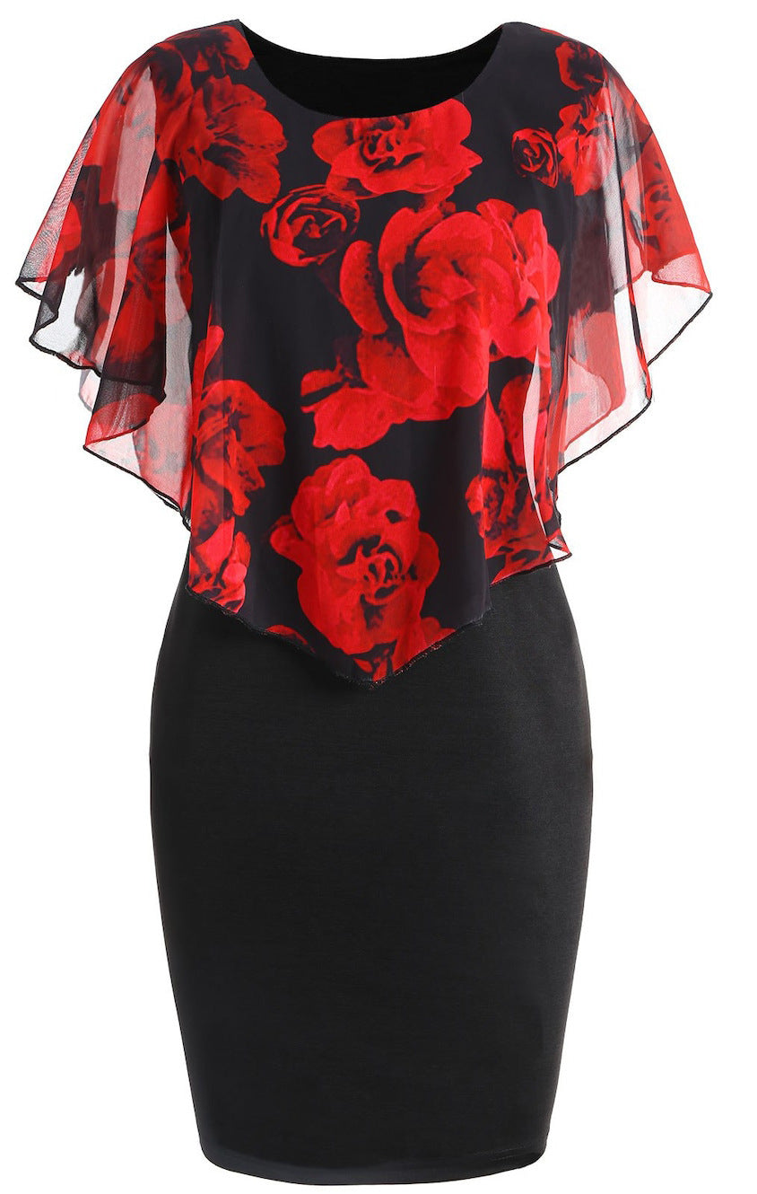 European And American Flower Print Chiffon Shawl Slim Sexy Commuter Professional Dress Women's Spot