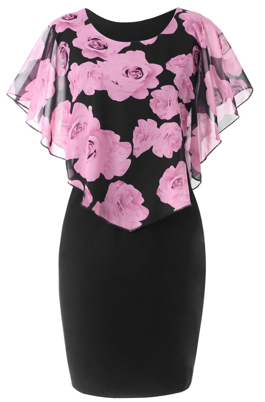 European And American Flower Print Chiffon Shawl Slim Sexy Commuter Professional Dress Women's Spot