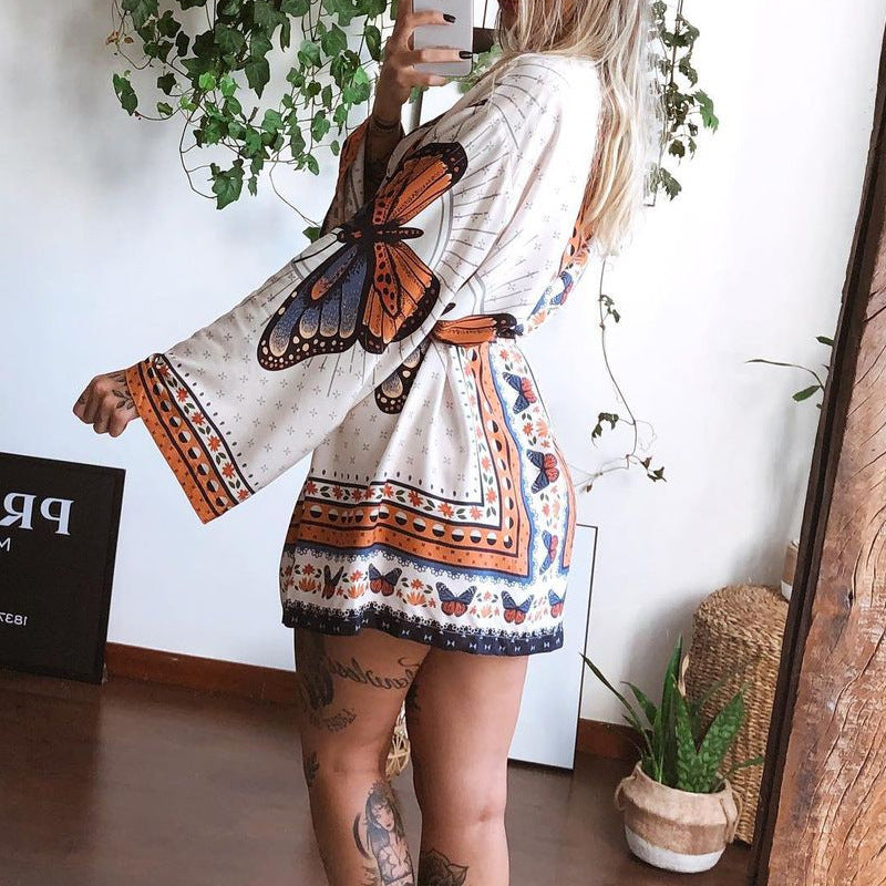 Printed Long-Sleeved Waist Waist Ladies Dress