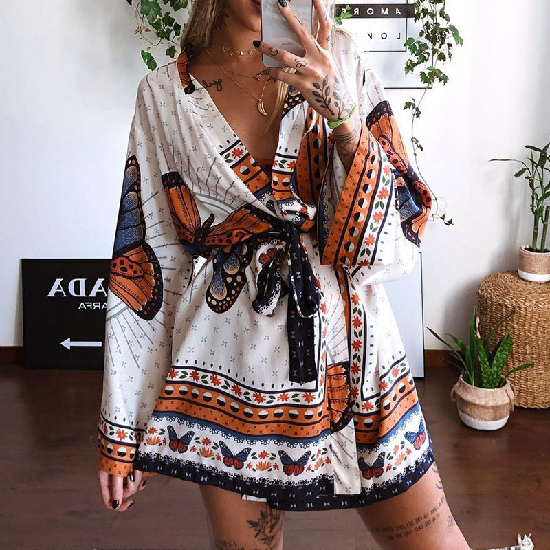 Printed Long-Sleeved Waist Waist Ladies Dress