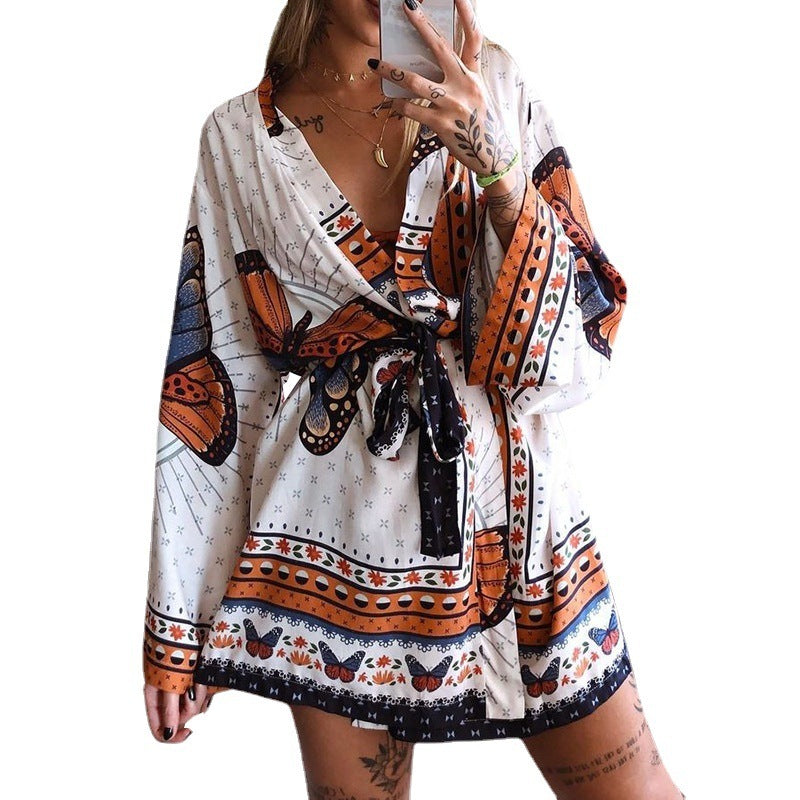 Printed Long-Sleeved Waist Waist Ladies Dress