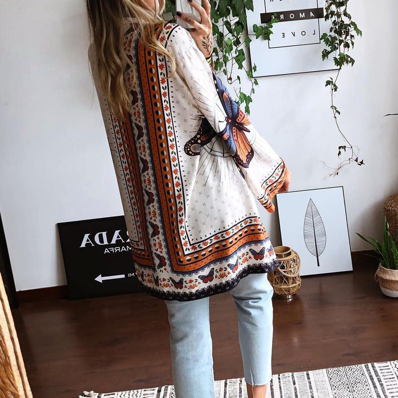 Printed Long-Sleeved Waist Waist Ladies Dress