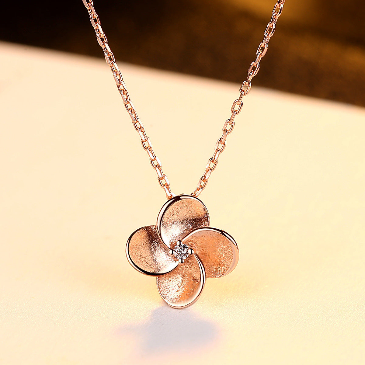 S925 Sterling Silver Necklace Female Korean Style Small Four-Leaf Flower Electroplated Rose Gold Manufacturer Source