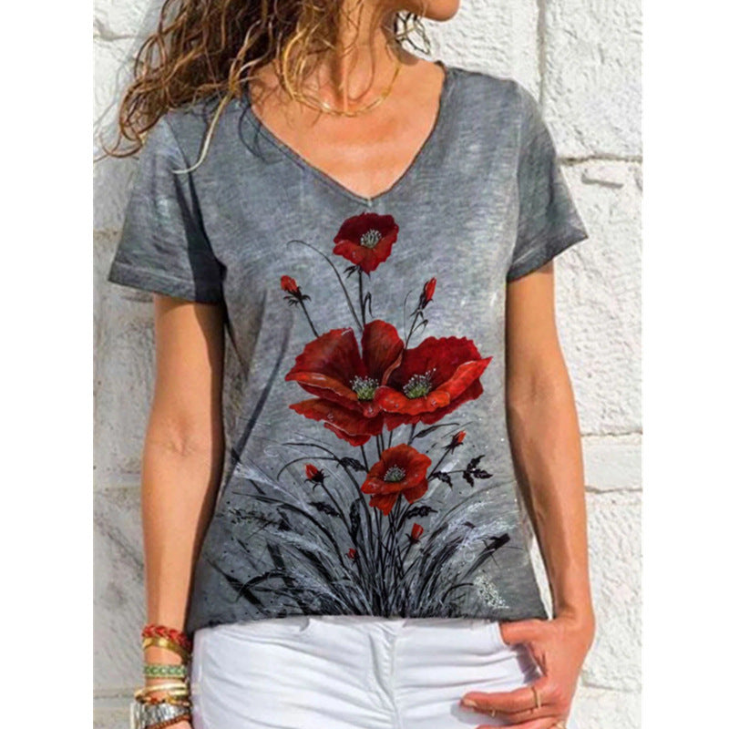 Fashion Ladies Simple V-neck Printed Short Sleeve