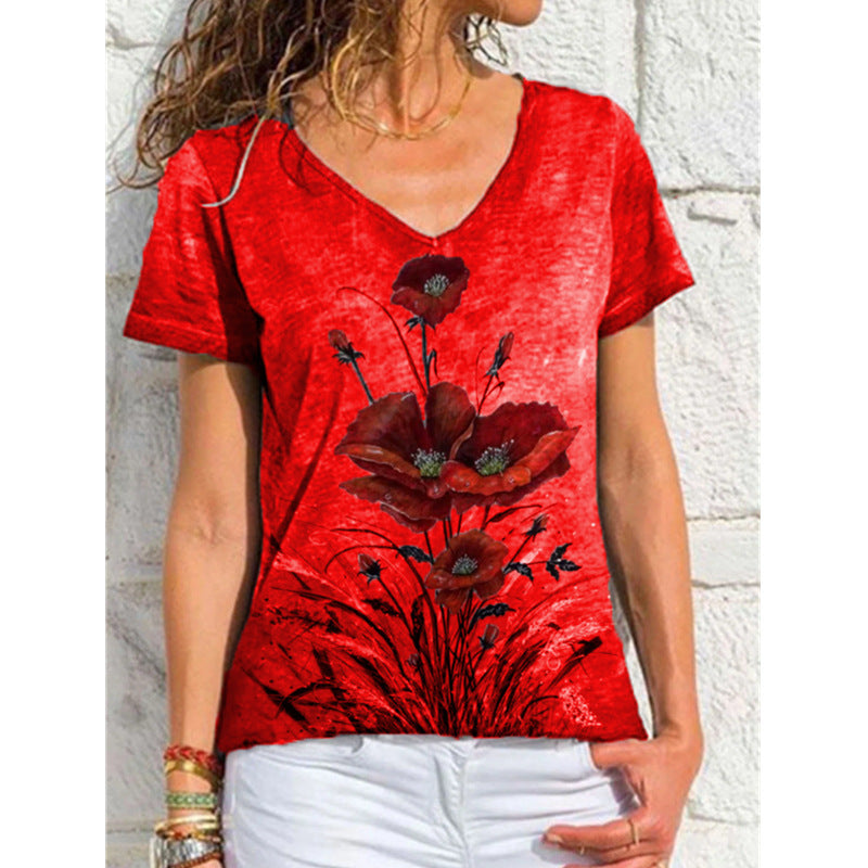 Fashion Ladies Simple V-neck Printed Short Sleeve