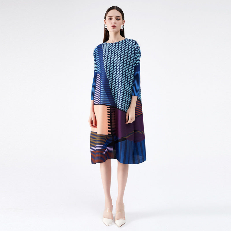 Pleated geometric digital print dress