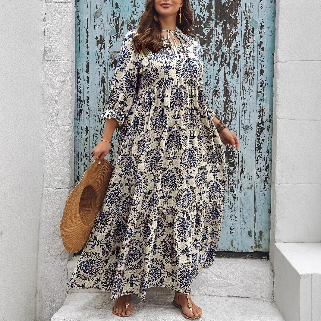 Printed V-neck Lace-up Swing Vacation Style Dress