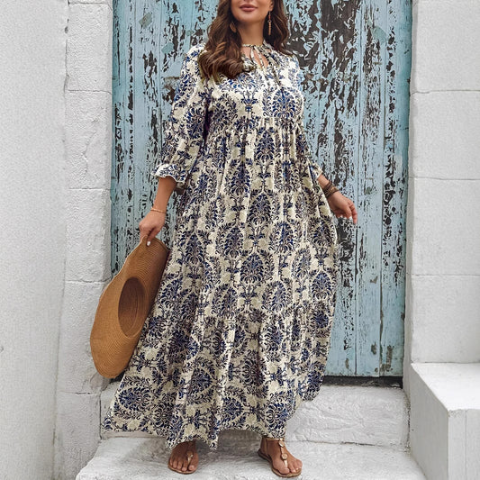 Printed V-neck Lace-up Swing Vacation Style Dress