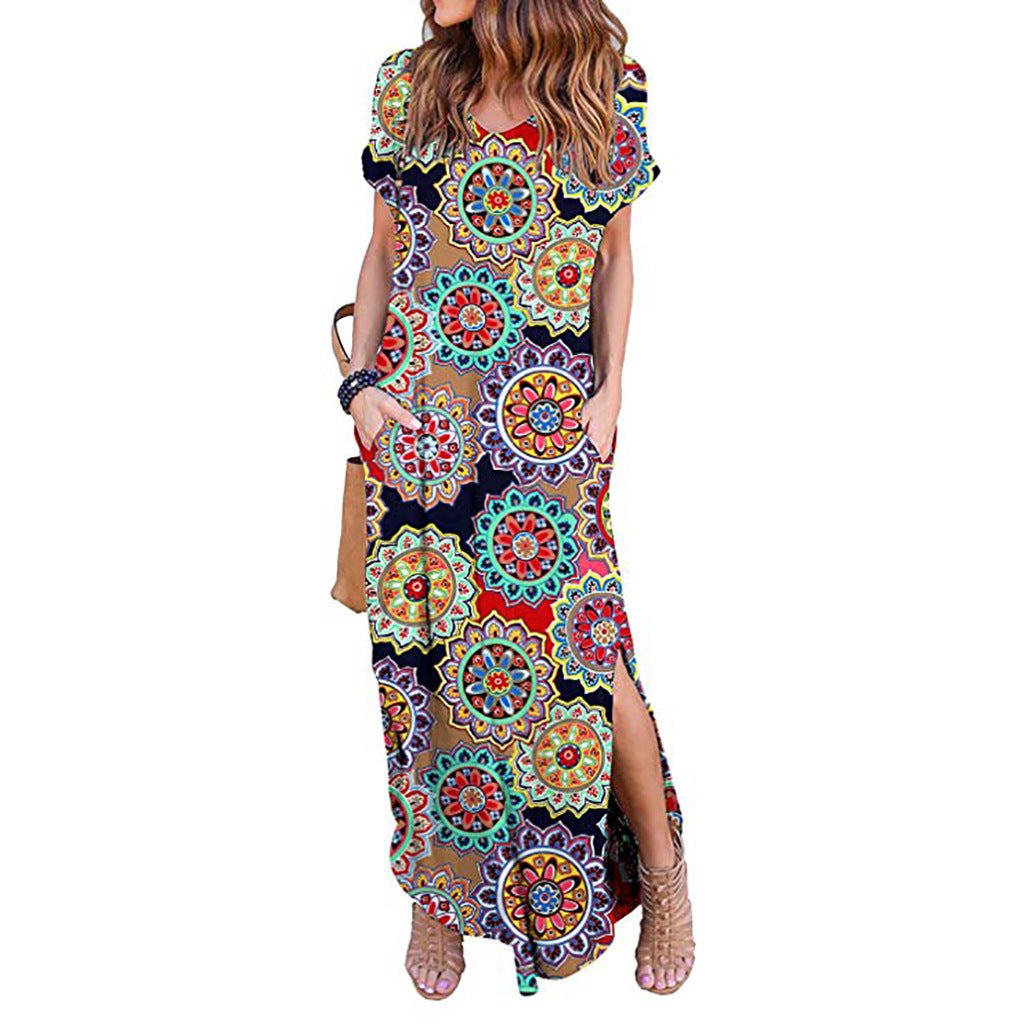 Spring Amazon Explosive Printed Ladies Hedging V-neck Knit Casual Long Dress