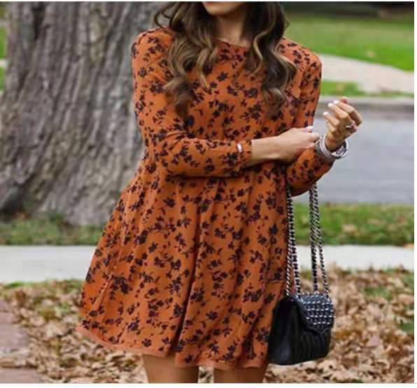 Loose casual wear round neck long sleeve printed dress