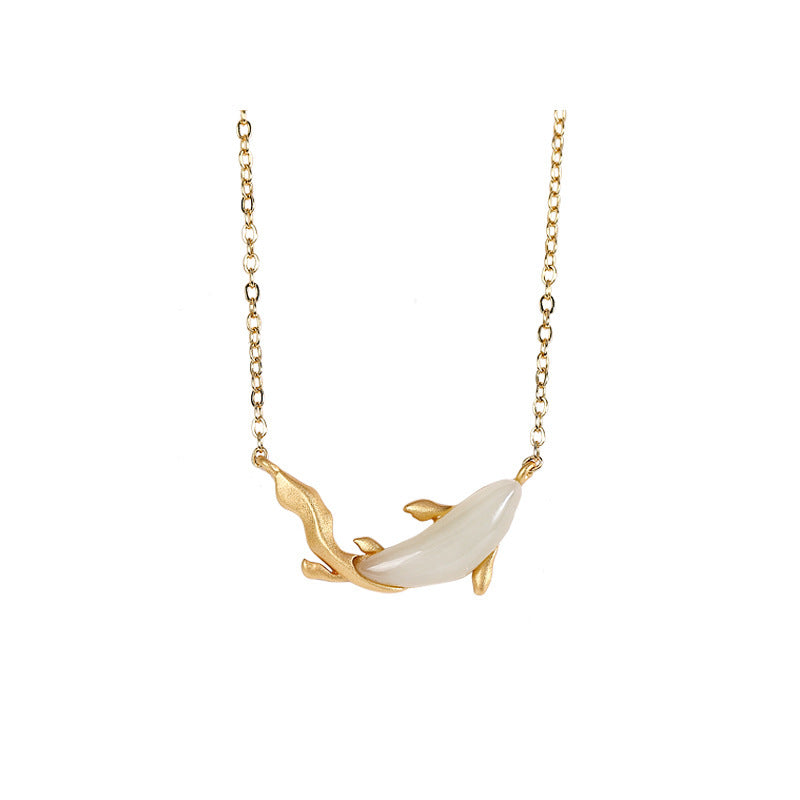 Sterling Silver Gold Plated White Jade Personality Dolphin Cute And Graceful Ladies' Pendant Silver Chain