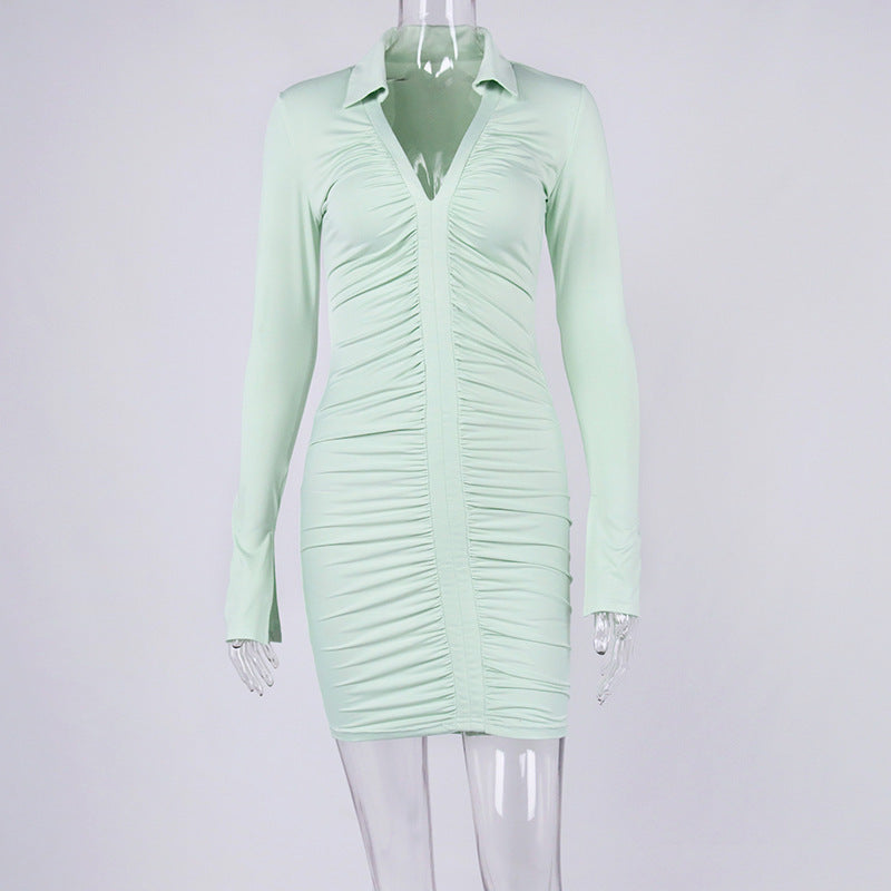 Deep V-neck Pleated Long-sleeved Hip Skirt