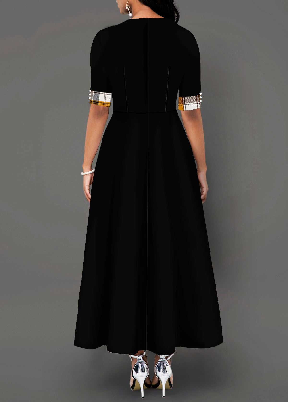 Women's Round Neck Contrast Mid Sleeve Irregular Long Dress