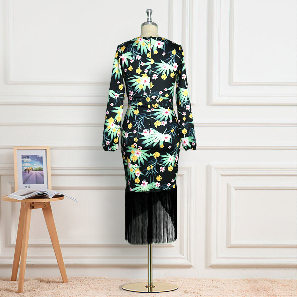 Puff sleeve printed fringed dress