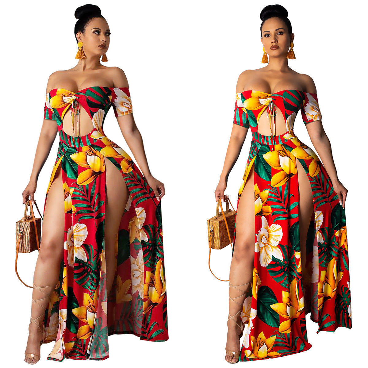 Printed tube top slit dress