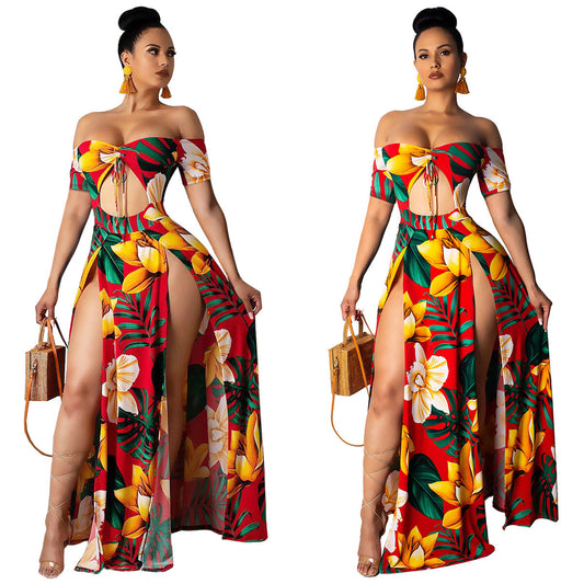 Printed tube top slit dress