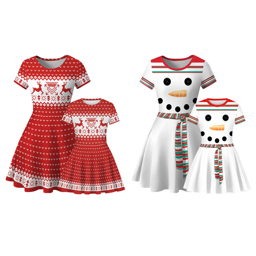 Christmas Elk Digital Print Parent-child Suit Short-sleeved Dress