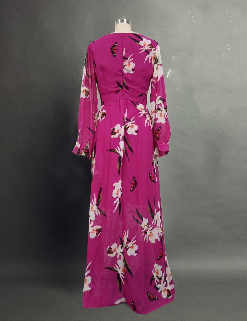 Women's Printed Wear V-neck Long Sleeve Big Hem Dress