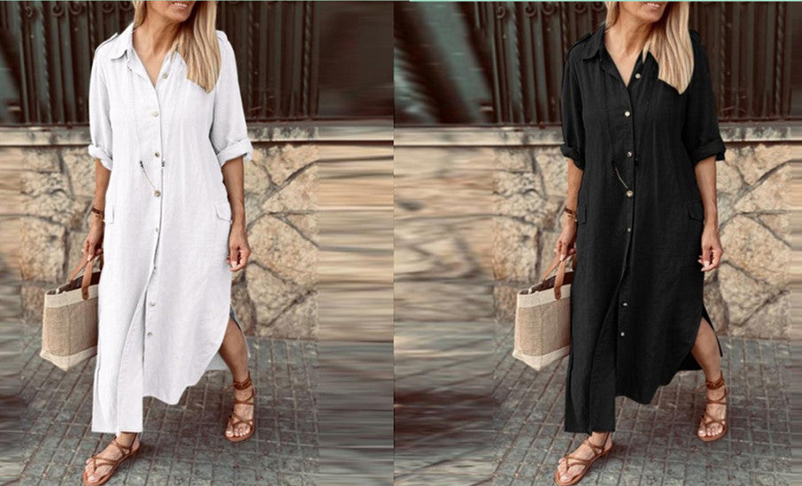 European And American Blouse Collar Cotton And Linen Button Long Dress