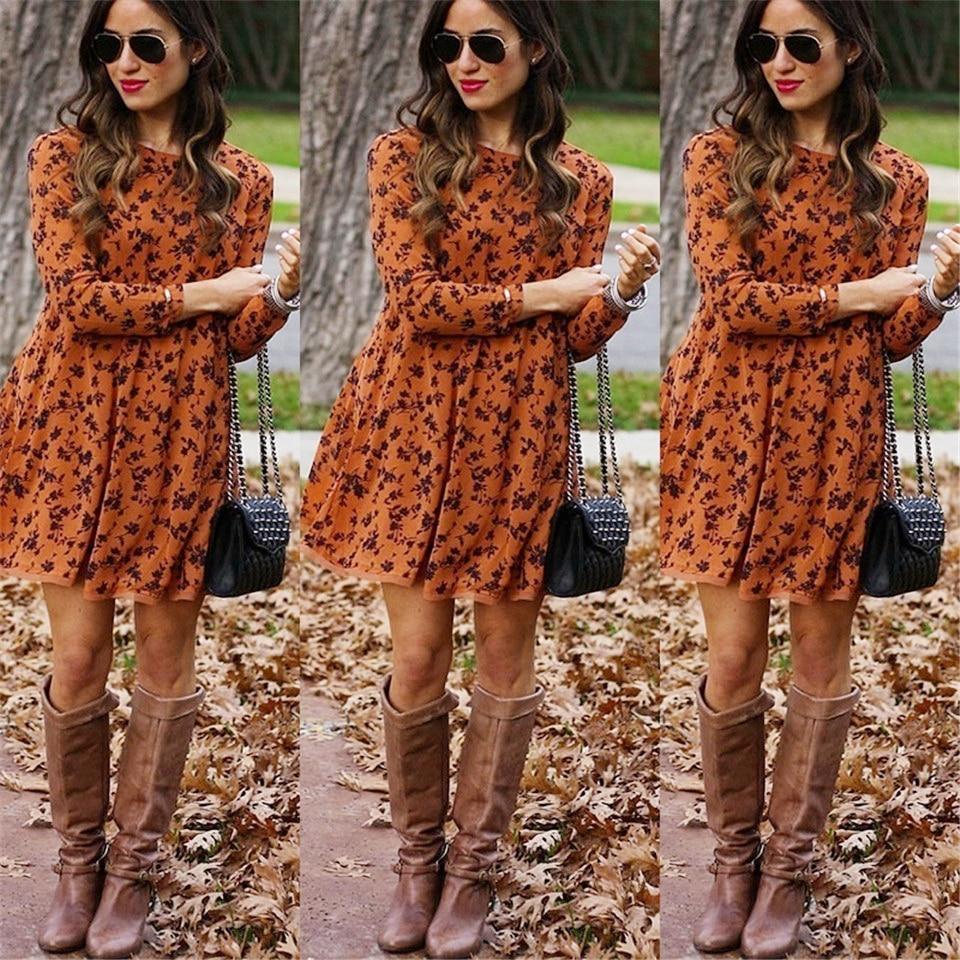 Loose casual wear round neck long sleeve printed dress