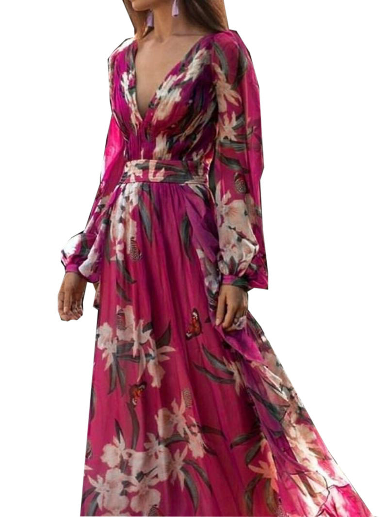 Women's Printed Wear V-neck Long Sleeve Big Hem Dress