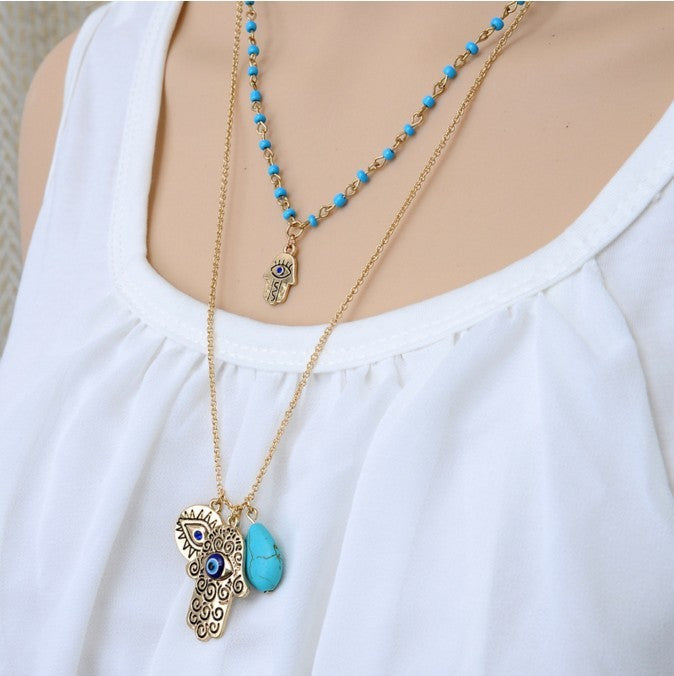 Bohemian Double Layer Rice Beads Turquoise Fatima Palm Necklace Sweater Chain
