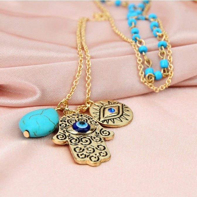 Bohemian Double Layer Rice Beads Turquoise Fatima Palm Necklace Sweater Chain