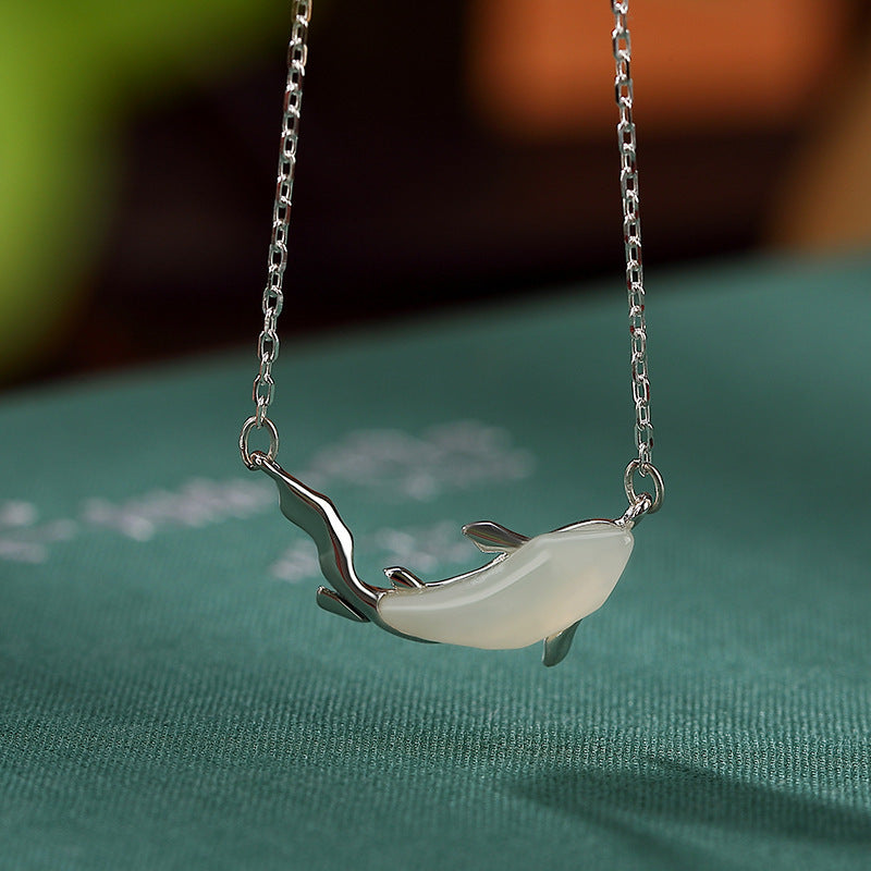 Sterling Silver Gold Plated White Jade Personality Dolphin Cute And Graceful Ladies' Pendant Silver Chain