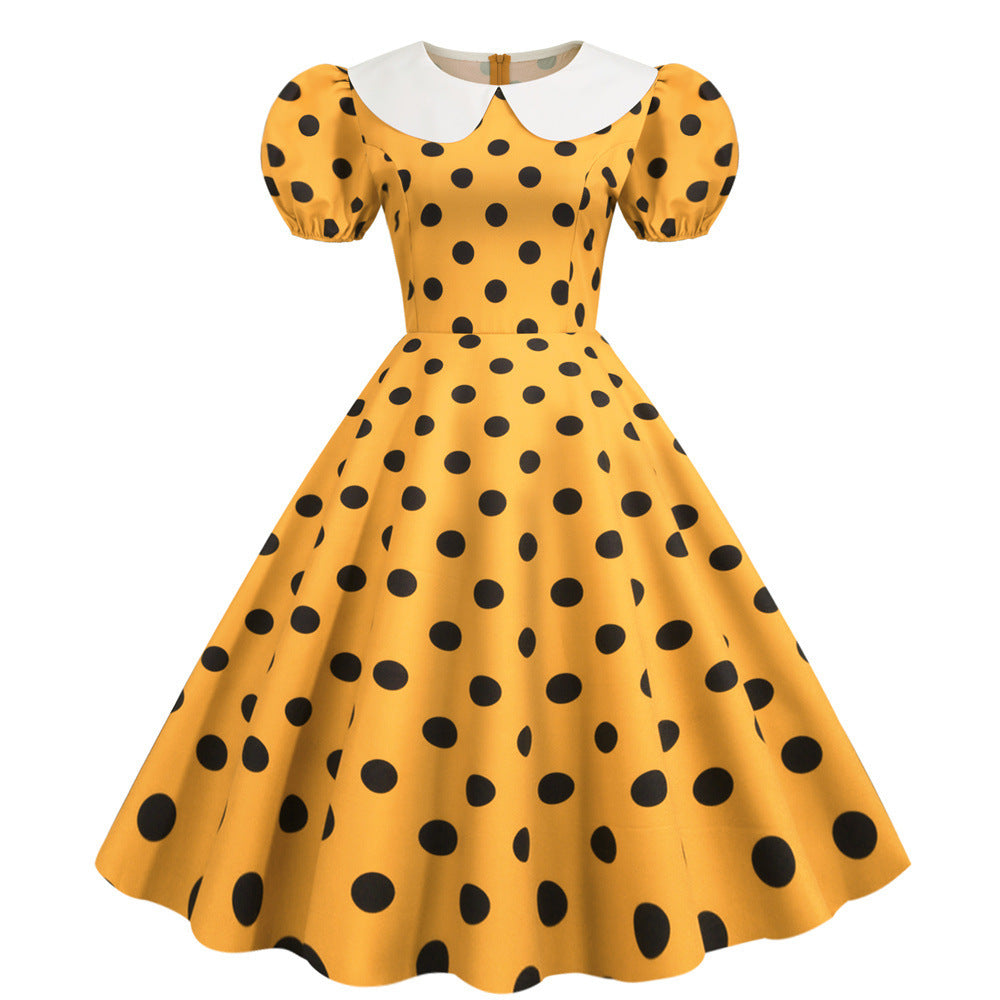 New Polka Dot Short Sleeve Doll Neck Fashionable Printed Party Dress