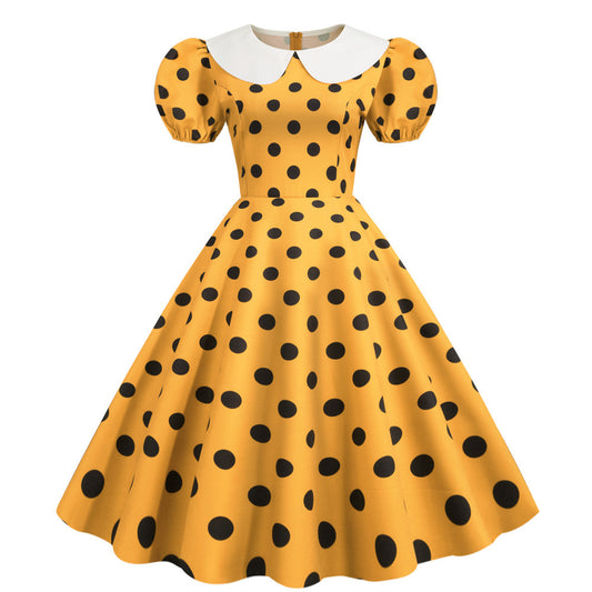 New Polka Dot Short Sleeve Doll Neck Fashionable Printed Party Dress