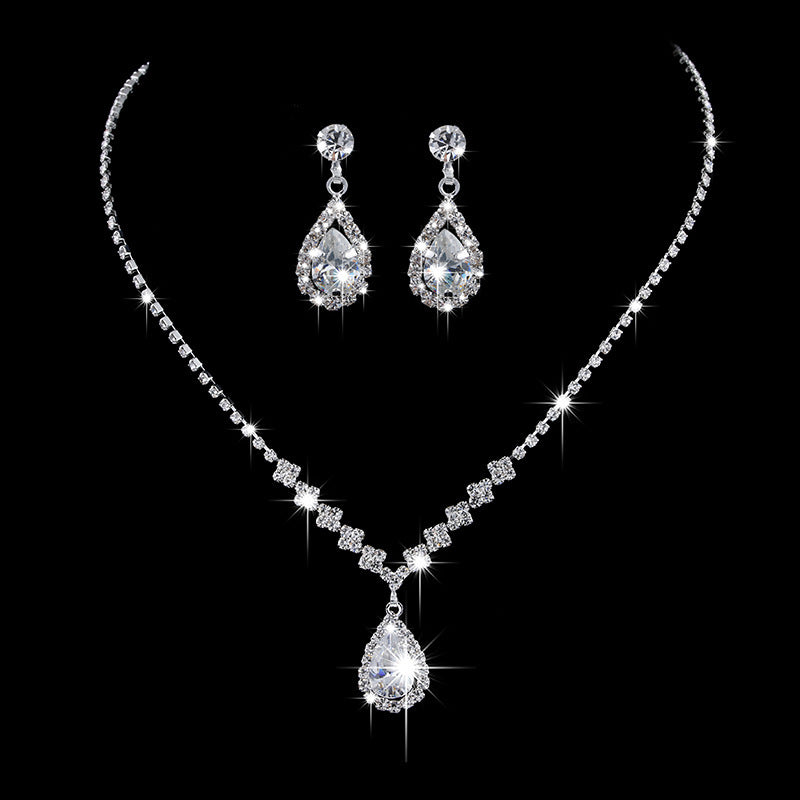 Zircon Water Drop Pendant Set Chain Bride Claw Chain Rhinestone Necklace Earrings Two Piece Set