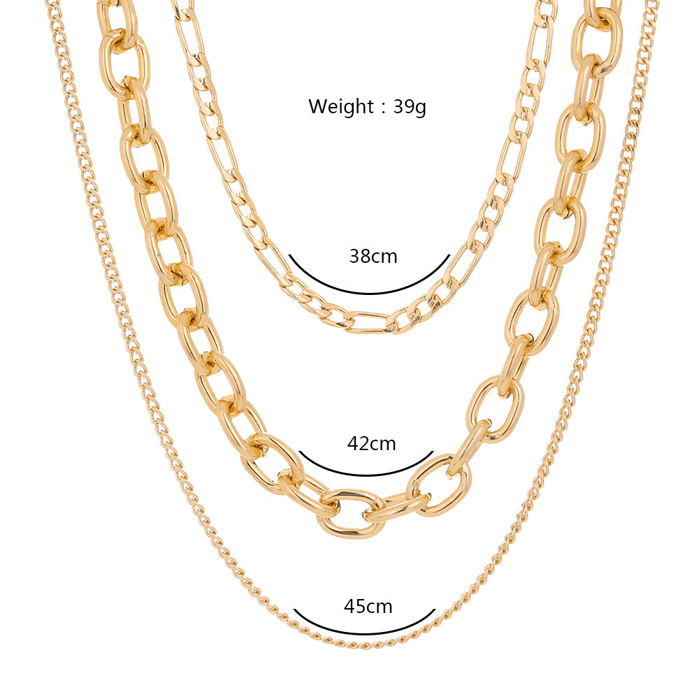 European and American Cross-border Retro Exaggerated Thick Chain Necklace Multi-layered Wearing Chain Hip Hop Necklace Simple Clavicle Chain Female