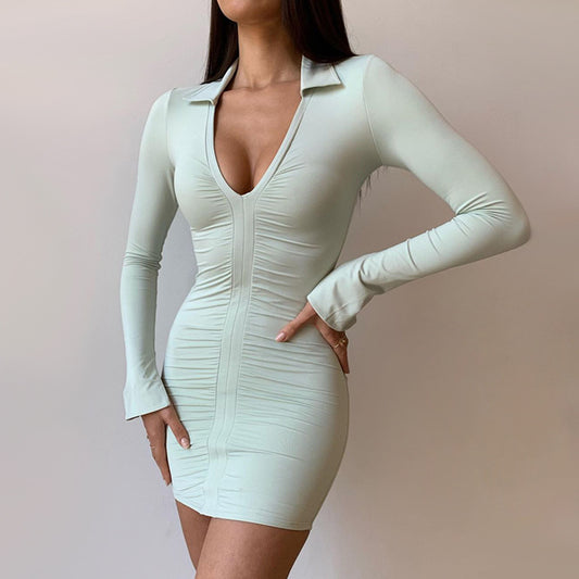 Deep V-neck Pleated Long-sleeved Hip Skirt